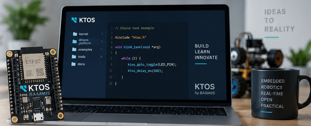 KTOS running on an ESP32 dev board, shown alongside its source code